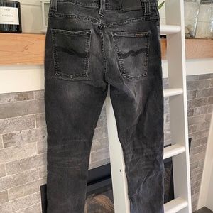 NUDIE JEANS GRIM TIM SIZE 31 X 30 GRAY/BLACK COTTON-STRETCH BUTTON FLY JEANS